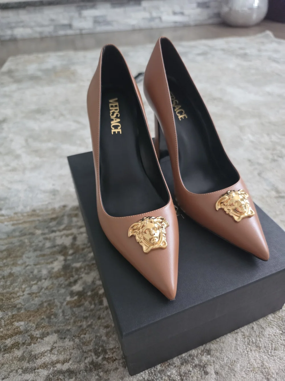 Versace Women's Brown Leather Pointed-Toe Pumps with Gold Medusa